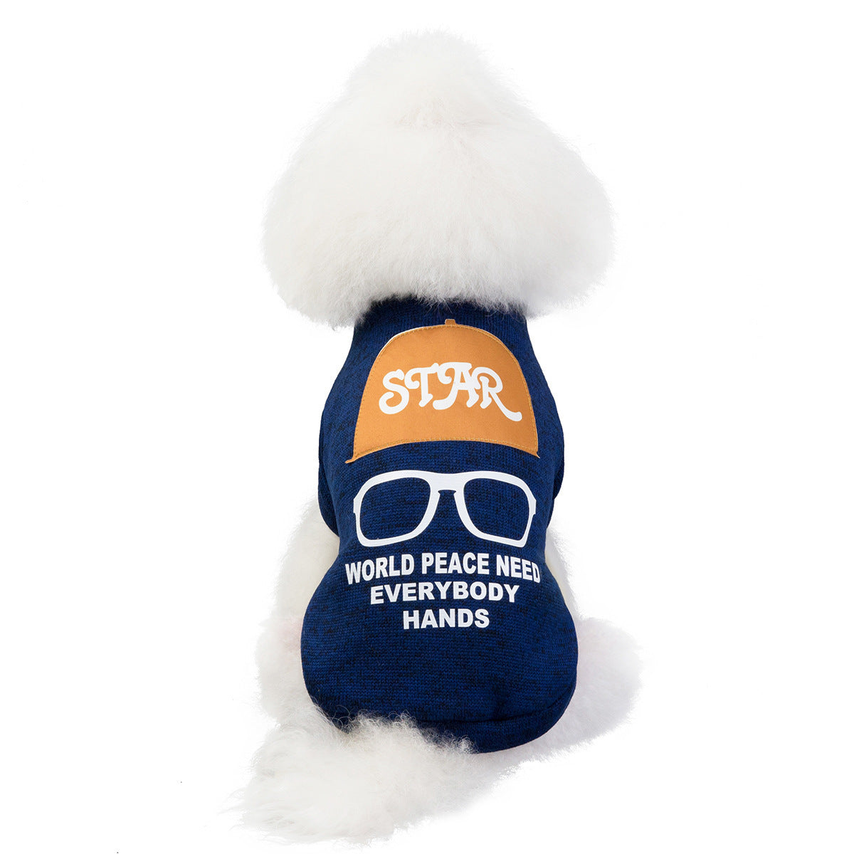 Small dog wearing blue Pet Clothes for Dogs and Cats back view