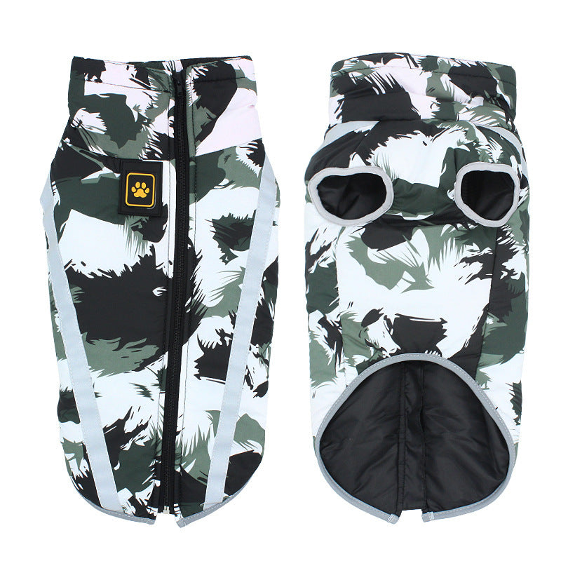 Dog wearing camouflage variant waterproof vest with reflective strip and high collar.
