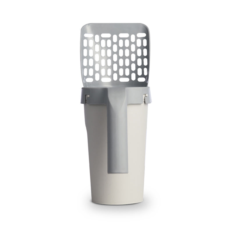 Cat Litter Scooper with Storage Box and a cat next to it gray