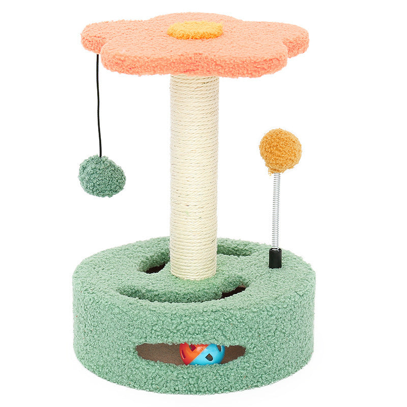 Colorful cat scratcher and climbing toy for claw grinding. Durable sisal, soft fur, and multi-functional design in yellow and pink. Perfect for playful cats close up