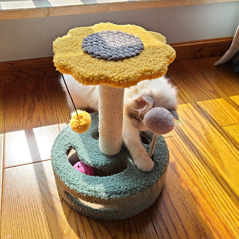 Colorful cat scratcher and climbing toy for claw grinding. Durable sisal, soft fur, and multi-functional design in yellow and pink. Perfect for playful cats variant yellow