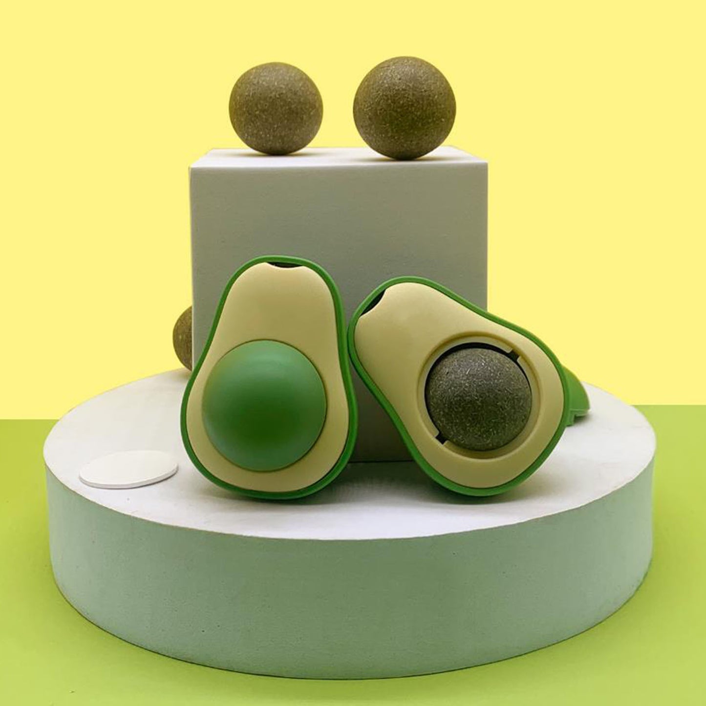Both variants of the Avocado Catnip Toy featuring the catnip and gall fruit options, designed to engage and entertain cats.