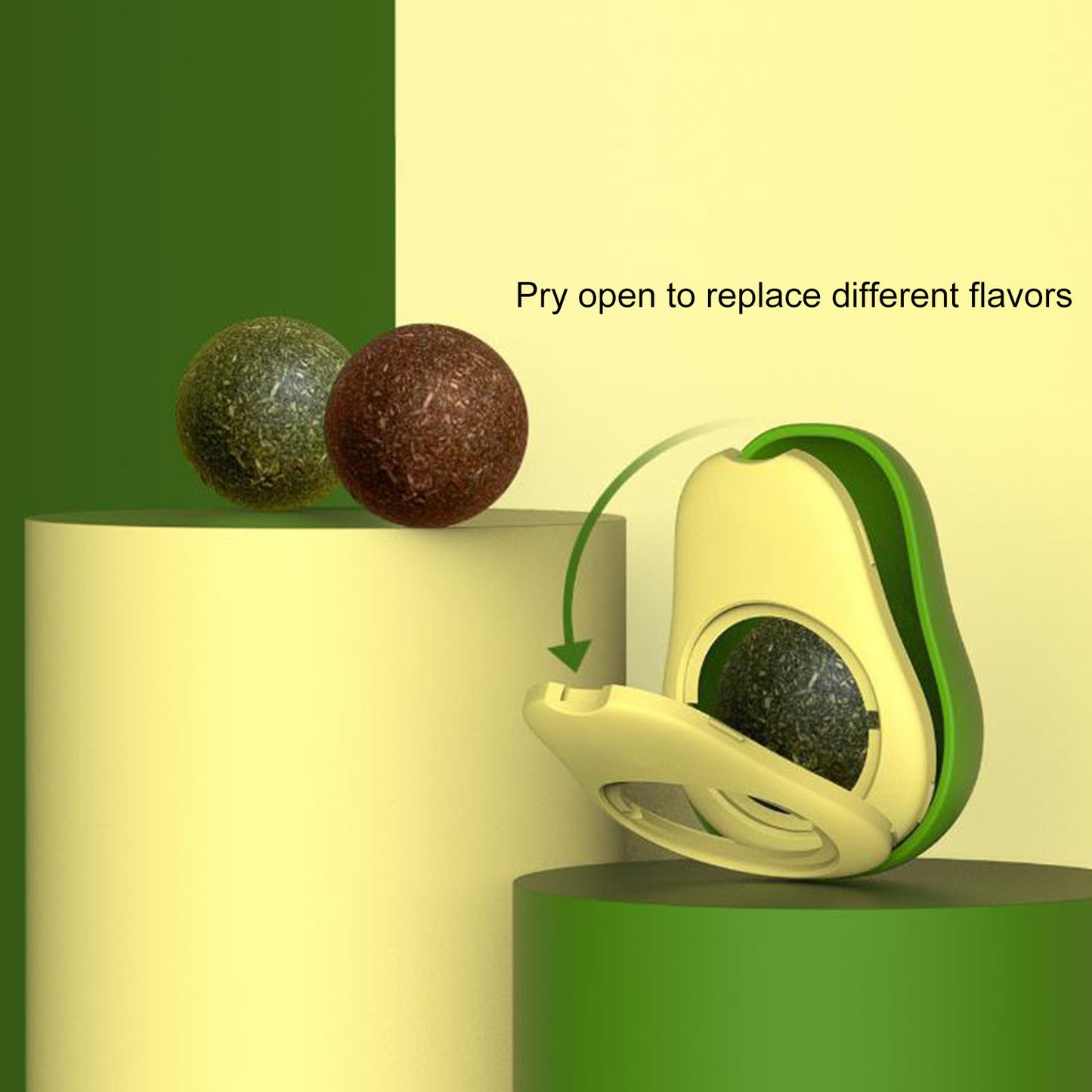 Avocado Catnip Toy with instructions to pry open for easy replacement of the filling, ensuring continued playtime for your cat.