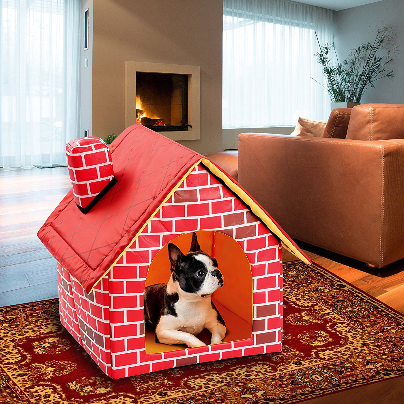 Small dog inside Chimney Villa Pet House in a living room, cozy and stylish pet bed for indoor spaces.