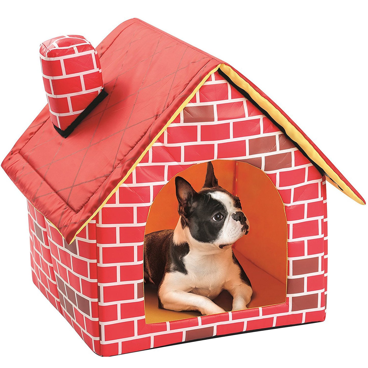 Chimney Villa Pet House with a small dog inside, cozy and stylish indoor pet bed.