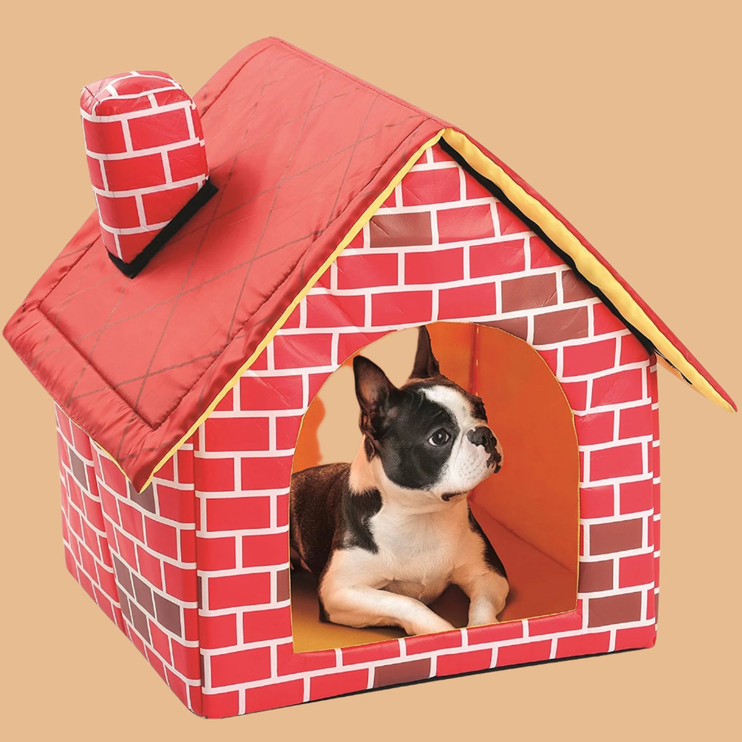 Chimney Villa Pet House with a small dog inside, cozy and stylish indoor pet bed. Product variant