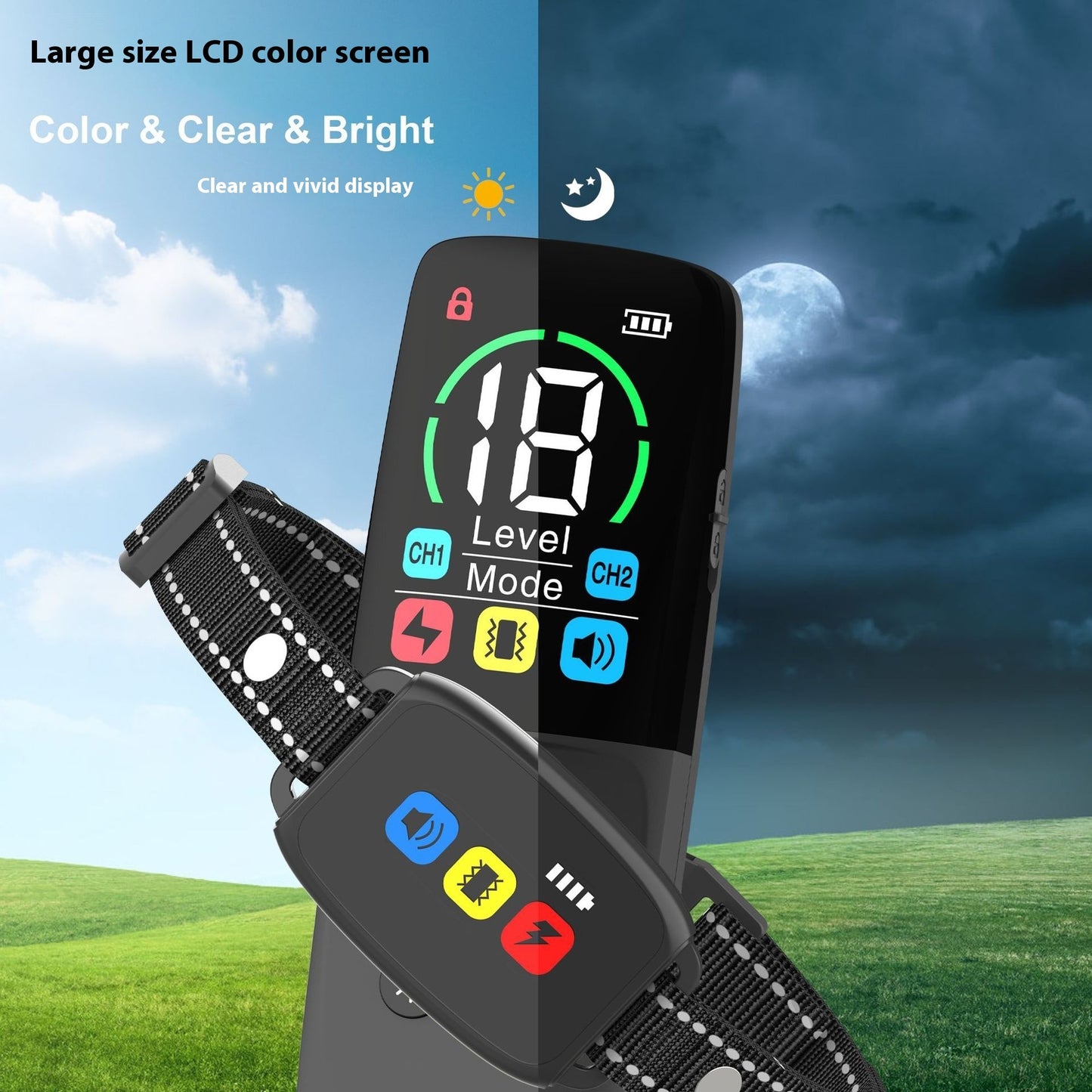 color screen dog training collar with color LCD screen, waterproof design, and adjustable strap for dogs of all sizes design
