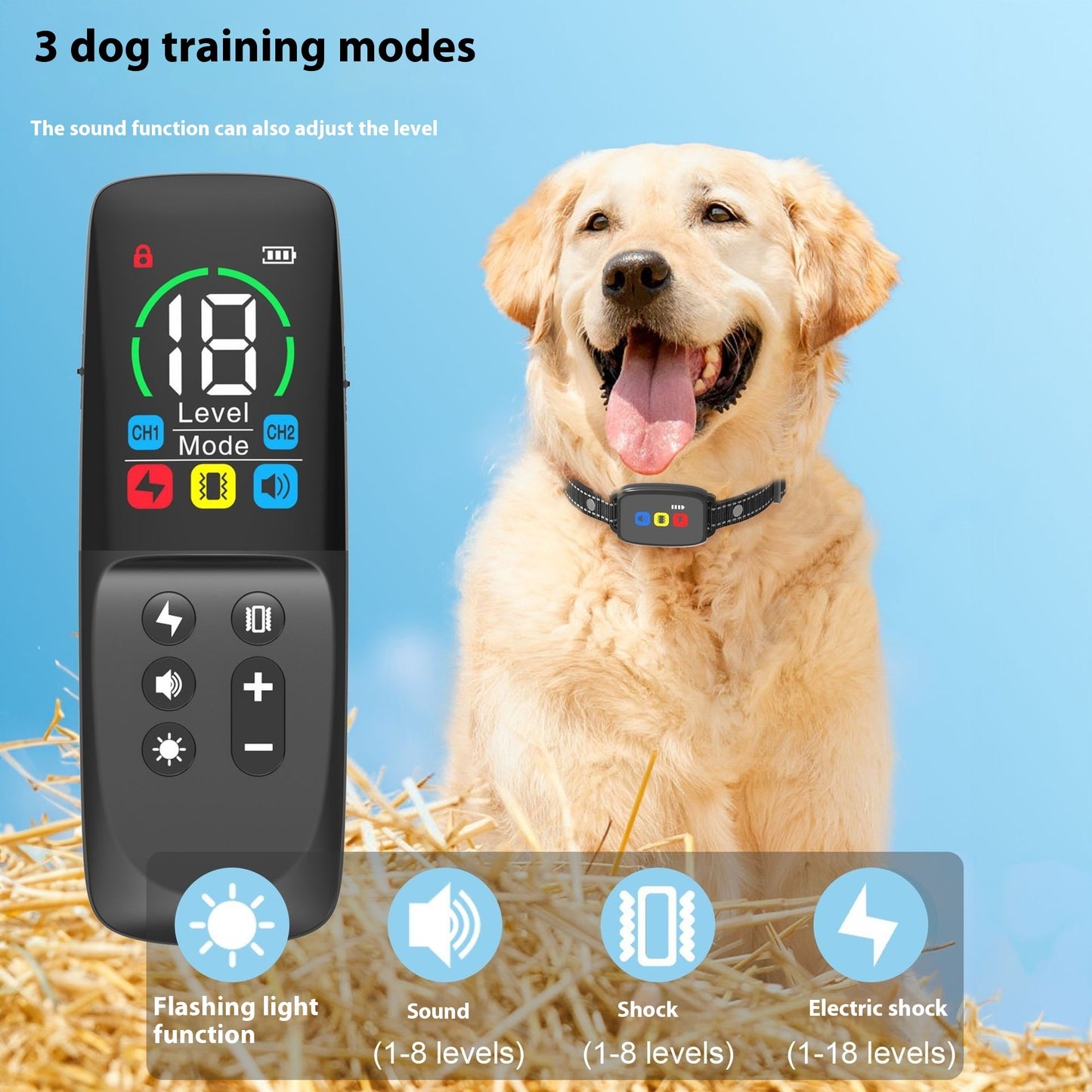 color screen dog training collar with color LCD screen, waterproof design, and adjustable strap for dogs of all sizes training mode