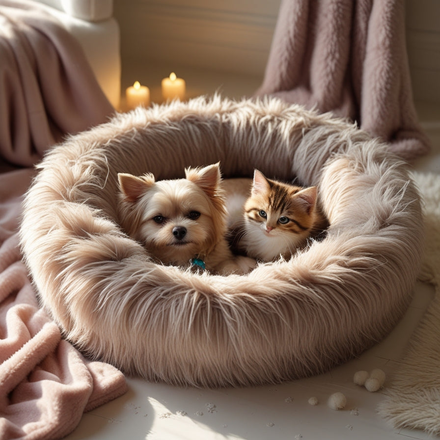 Small dog and kitten snuggled in a round plush 2-in-1 winter Cozy Cat Dog Bed perfect for cozy warmth and comfort