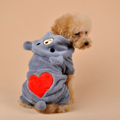 Pet wearing the Pet Hoodie for Dogs and Cats in gray, showing the heart detail on the back – soft coral fleece with hood for warmth.