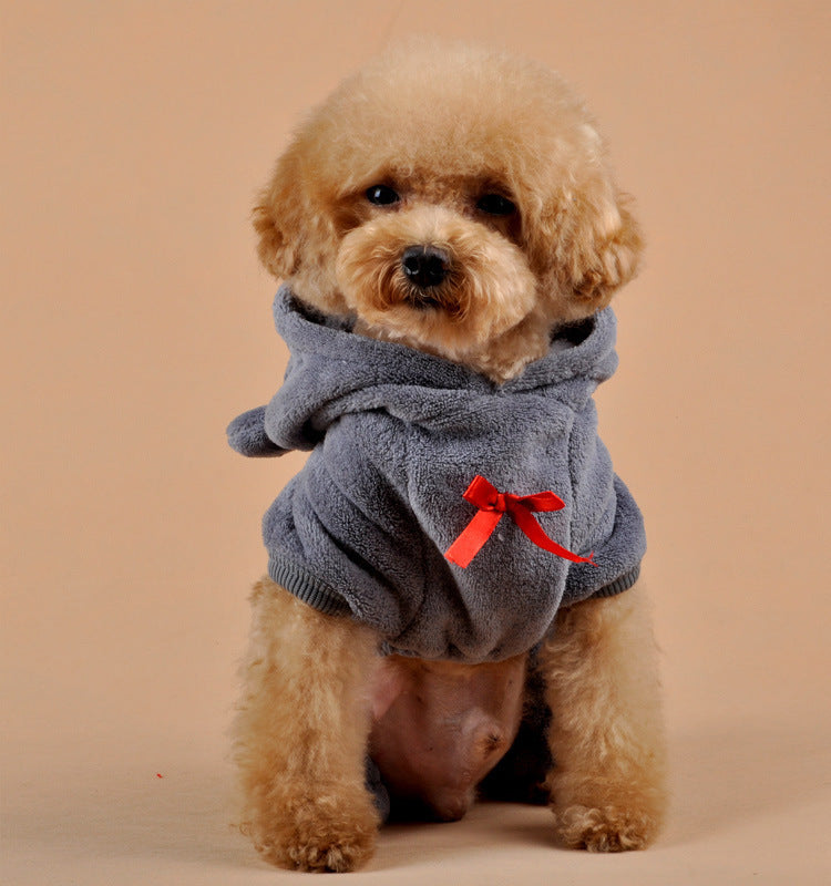 Pet wearing the Pet Hoodie for Dogs and Cats in gray – soft coral fleece with heart detail and hood, perfect for chilly days.