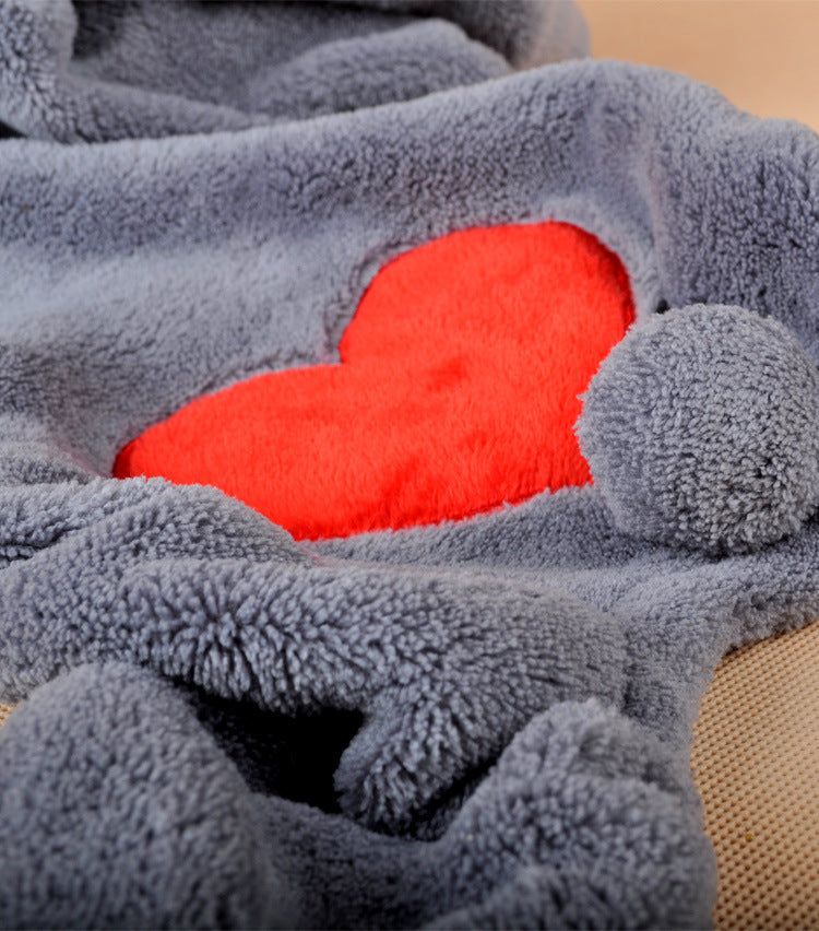 Pet Hoodie for Dogs and Cats in gray and kaki – soft coral fleece pet hoodie with heart detail and hood, heart close up