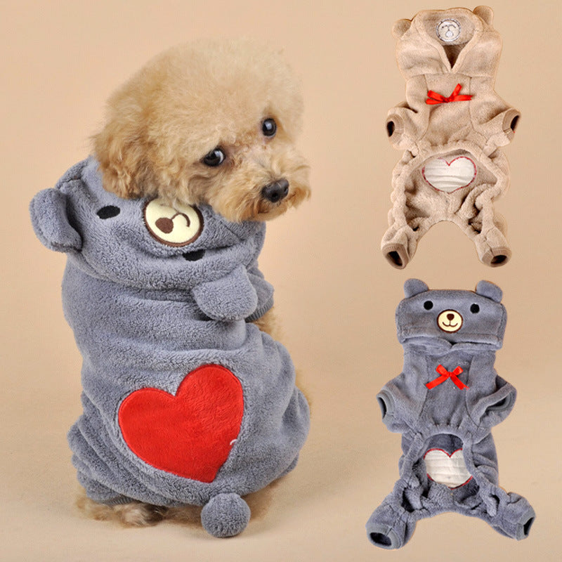 Pet Hoodie for Dogs and Cats in gray and kaki – soft coral fleece pet hoodie with heart detail and hood, available in two colors.
