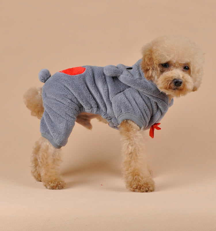 Pet wearing the Pet Hoodie for Dogs and Cats in gray, perfil view– soft coral fleece with hood for warmth.
