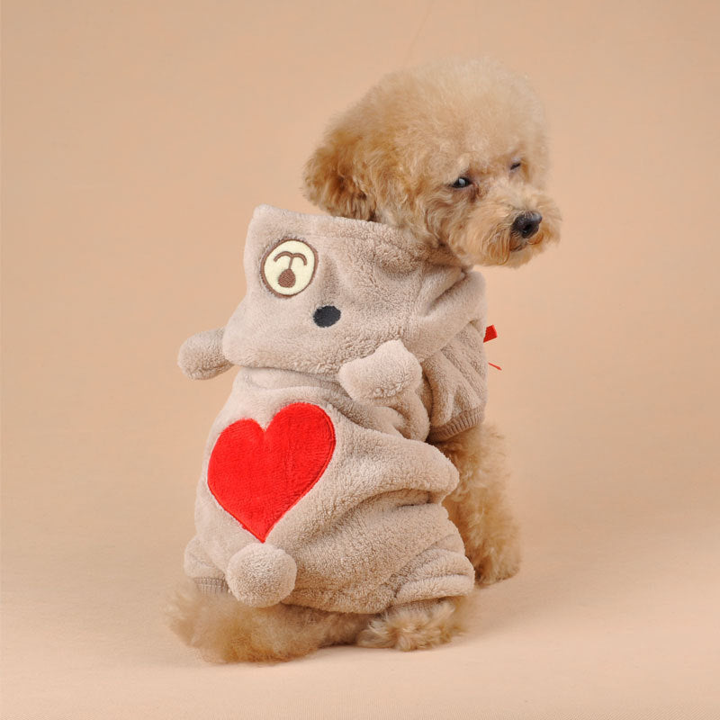 Pet wearing the Pet Hoodie for Dogs and Cats in khaki, showing the heart detail on the back – soft coral fleece with hood for warmth.
