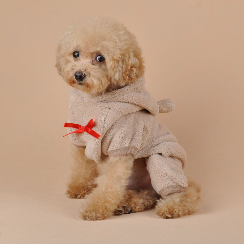 Pet wearing the Pet Hoodie for Dogs and Cats in khaki, front side– soft coral fleece with hood for warmth.