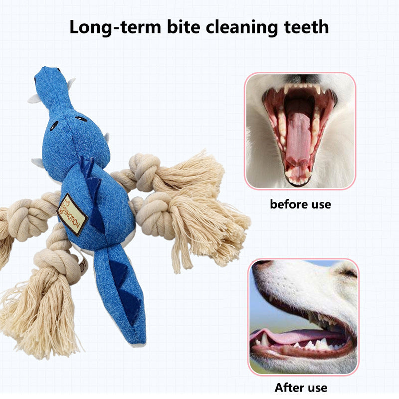 Durable Cotton Rope Dog Toy with squeaky animal design before and after use