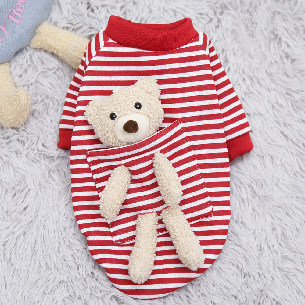 Adorable dog wearing a red Pet Sweater for Small Dogs and Cats perfect for small pets. Soft and comfortable for spring