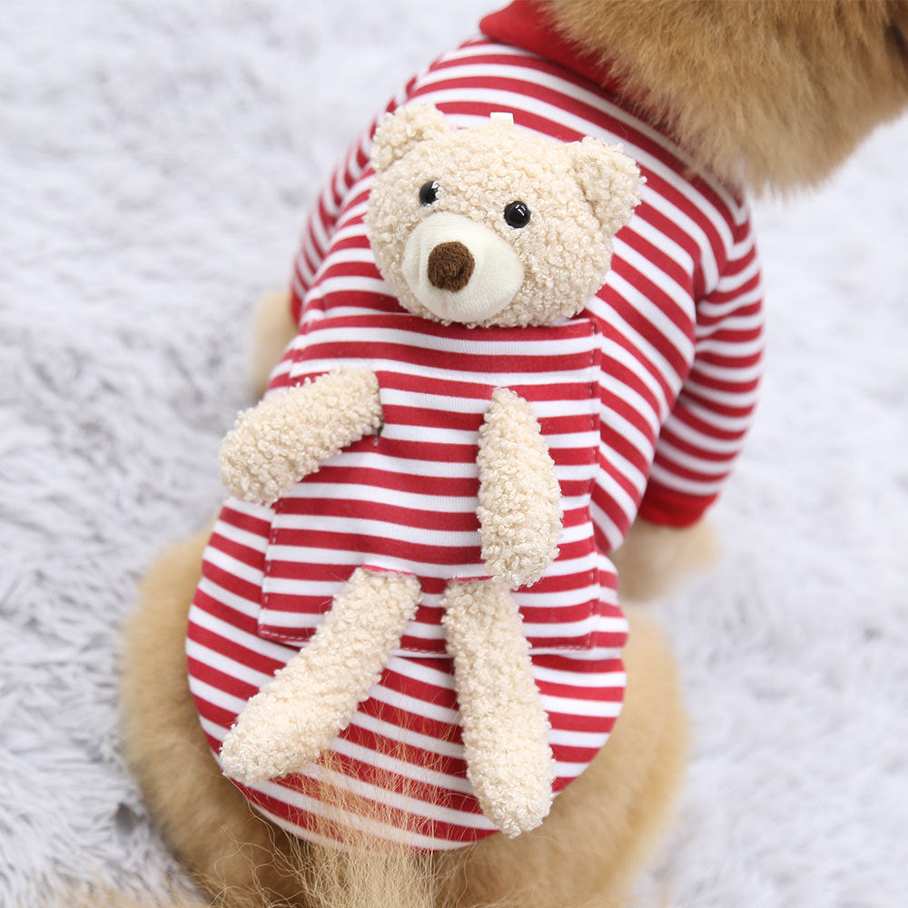 Adorable dog wearing a red Pet Sweater for Small Dogs and Cats perfect for small pets. Soft and comfortable for spring back side