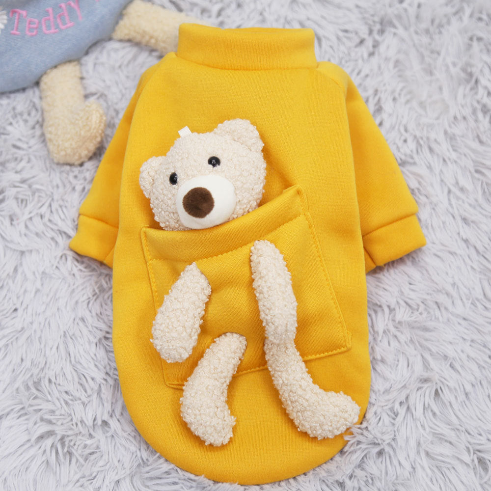 Adorable dog wearing a yellow Pet Sweater for Small Dogs and Cats perfect for small pets. Soft and comfortable for spring.