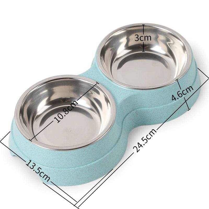 Blue Double Pet Bowls for food and water, showcasing its dimensions and design, made of stainless steel and eco-friendly material, ideal for small dogs and cats