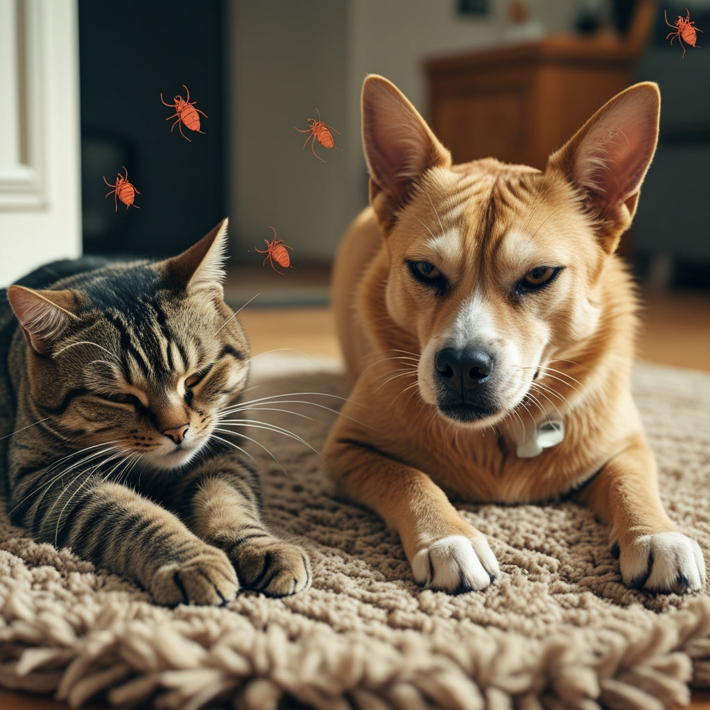 two pets sitting on the carpet with fleas