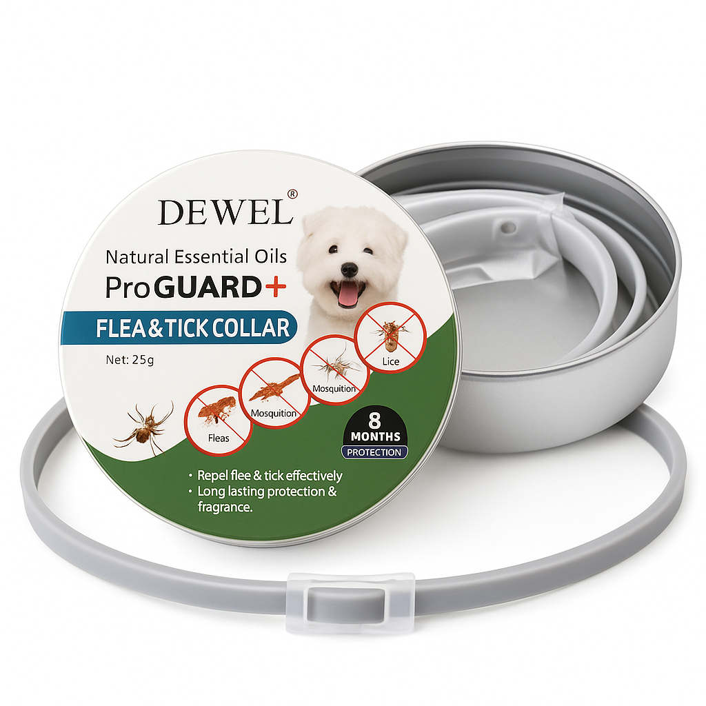 Dewel ProGUARD+ flea and tick collar packaging with a dog illustration on a white background