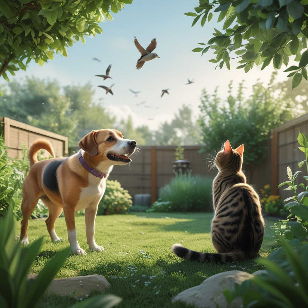a dog and a cat in the backyard looking the birds.