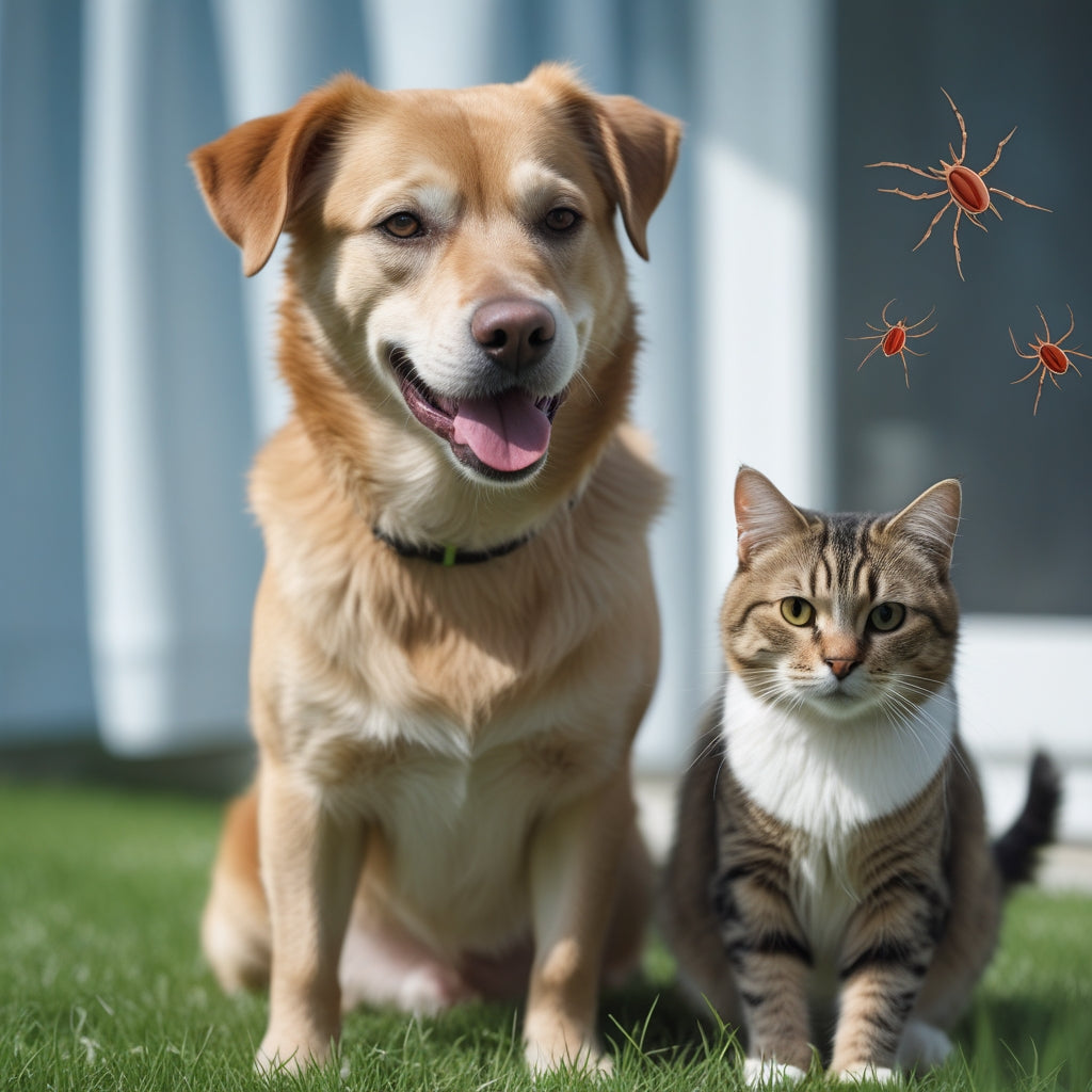 a dog and a cat sitting in the grass with fleas