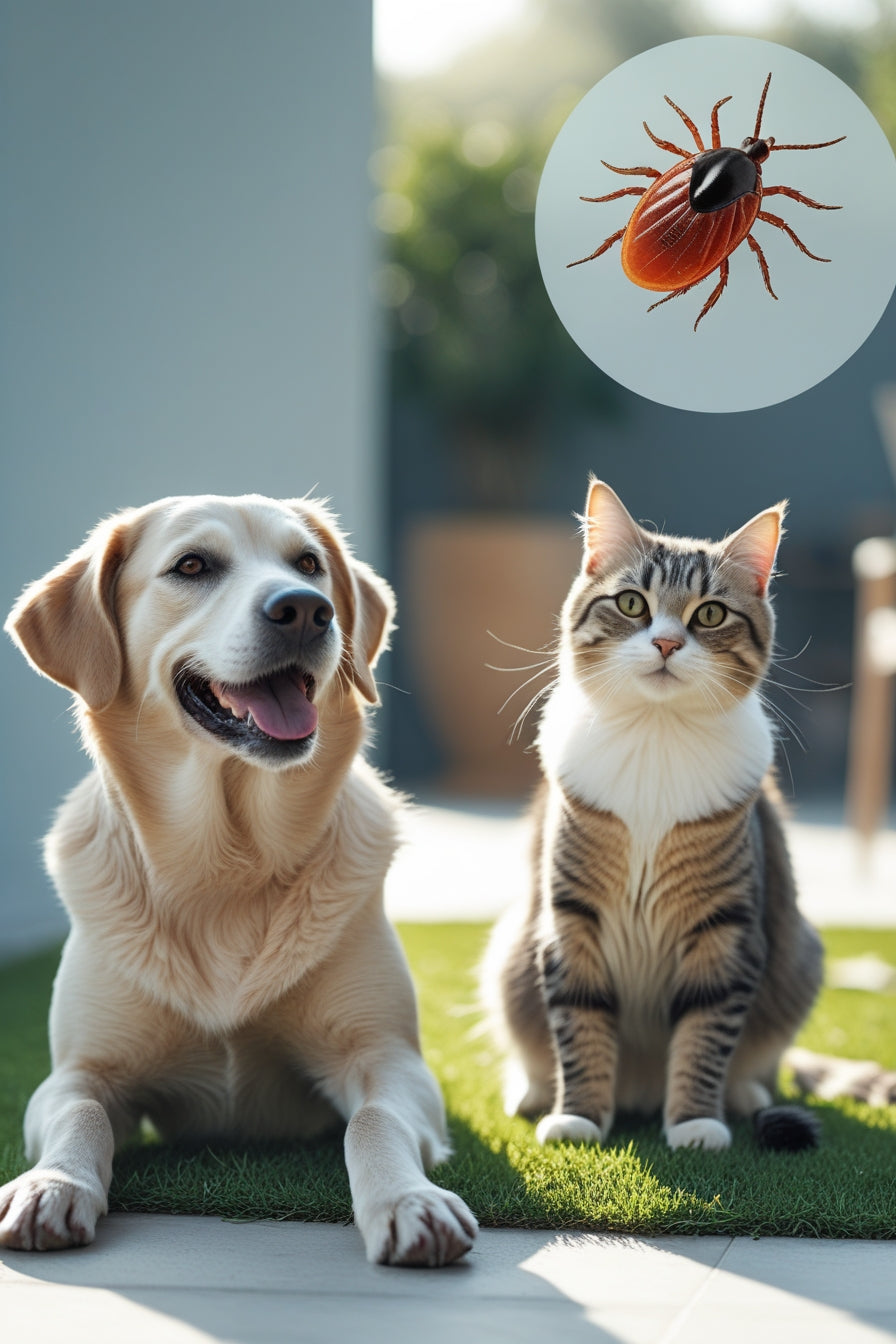Dog and cat sitting on grass with a tick inset image