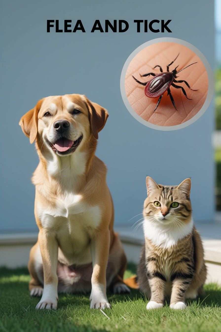 Dog and cat sitting on grass with a inset showing fleas and ticks.