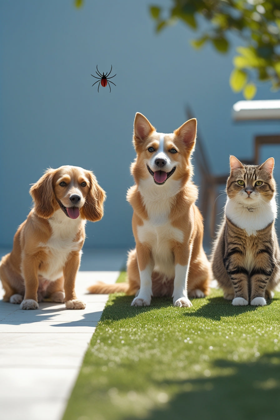 Three dogs and a cat sitting together on grass with a spider in the air.