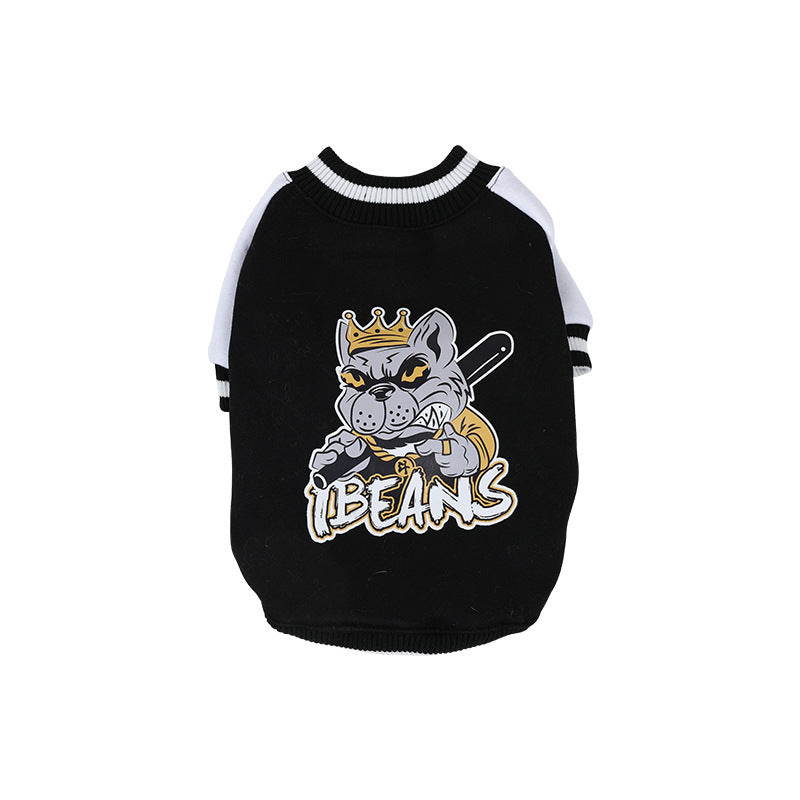 Black fleece-lined baseball shirt for pets, made of soft cotton for warmth and comfort, perfect for cooler weather.