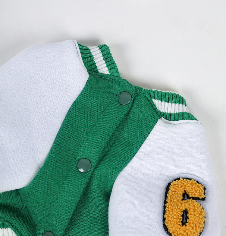 Close-up view of the green Pet Baseball Shirt for Dogs and Cats highlighting the soft cotton fabric and detailed stitching for comfort and warmth.