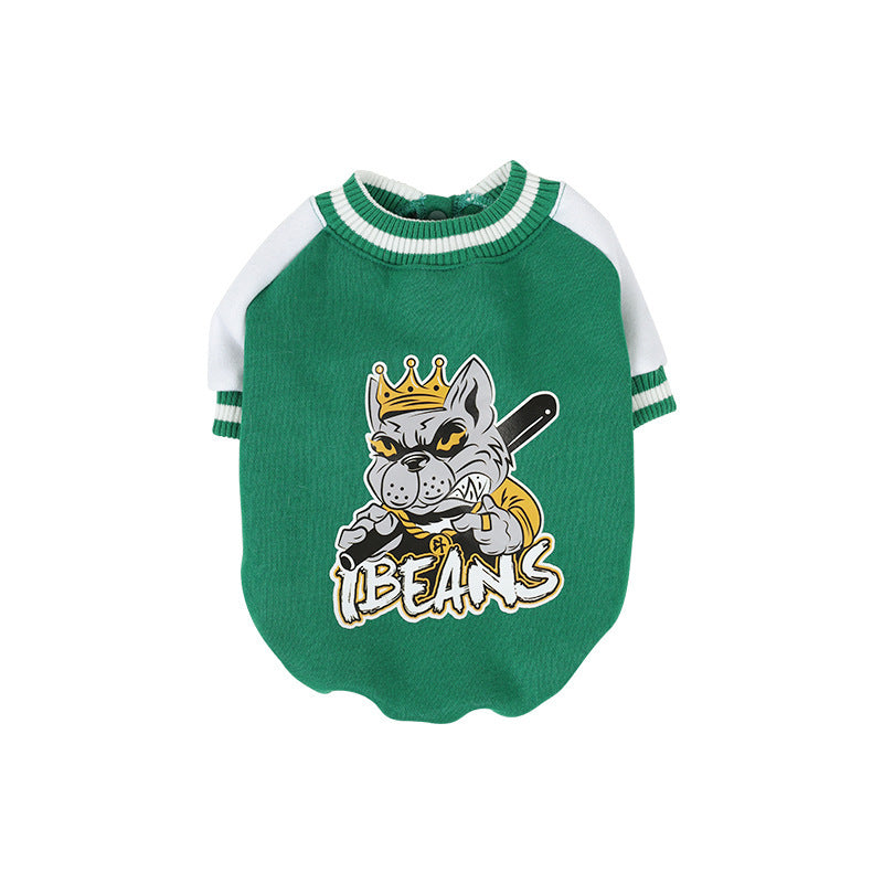 Green Pet Baseball Shirt for Dogs and Cats, made of soft cotton for warmth and comfort, perfect for cooler weather.