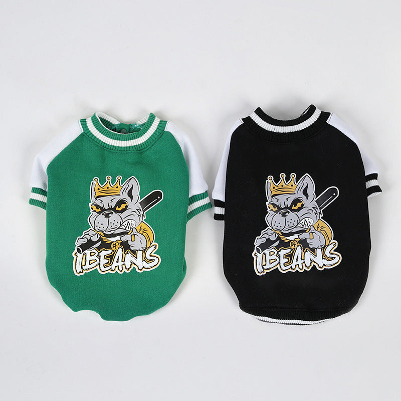 Two color variants of the Pet Baseball Shirt for Dogs and Cats in green and black, showcasing soft cotton fabric for warmth and comfort
