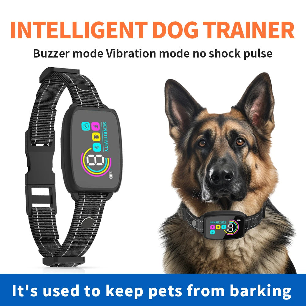 Smart Rechargeable Anti-Bark Dog Collar image with a dog it is used to keep pets from barking