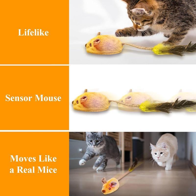 Cats playing with the Interactive LED Cat Toy, showcasing its moving action, LED lights, chirping sounds, and USB rechargeable features