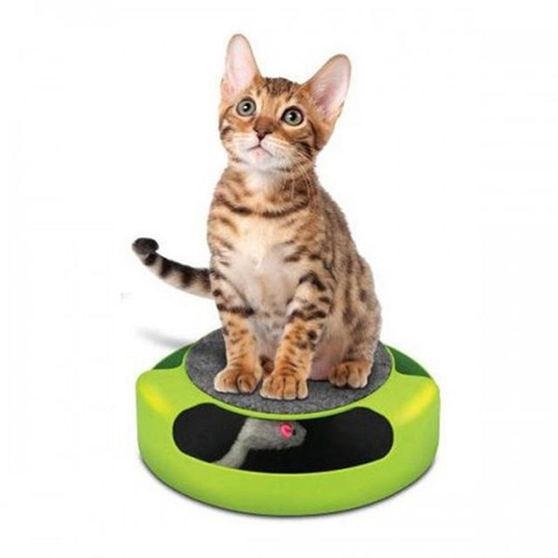 Interactive green mouse cat toy with built-in scratch board for kittens cat over it
