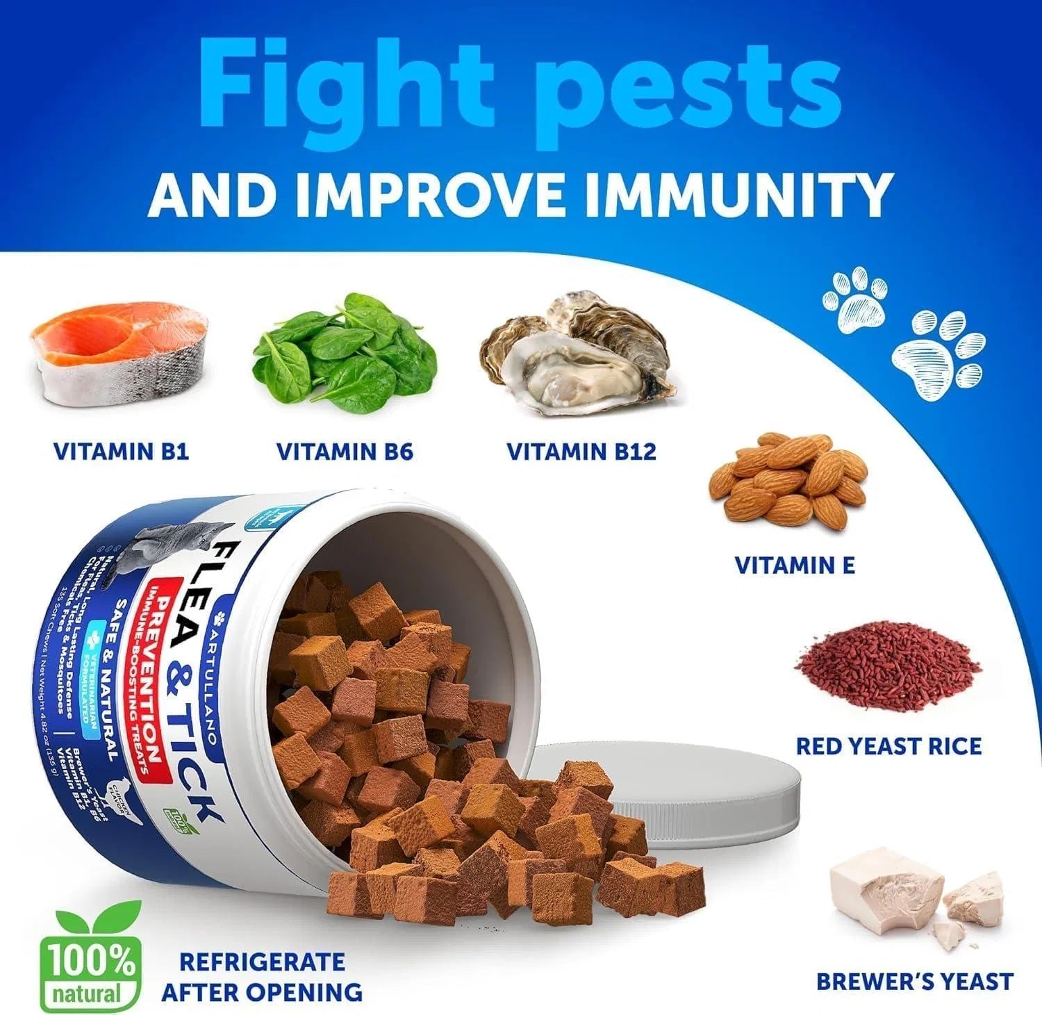 Natural Flea and Tick Chews for Cats– 132 soft treats bottle all ingredients