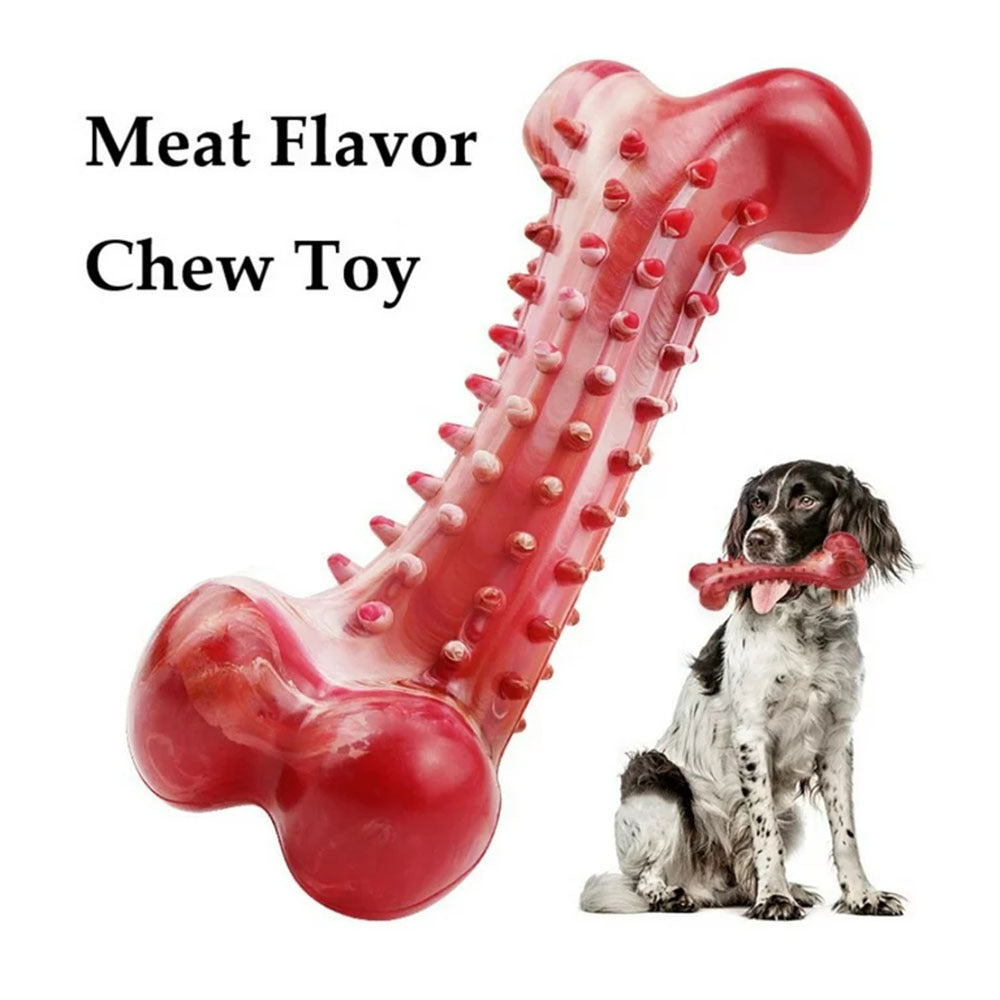 Red bone-shaped Natural Rubber Chew Toy for Heavy Chewers with meat flavor, durable for teething and aggressive chewers