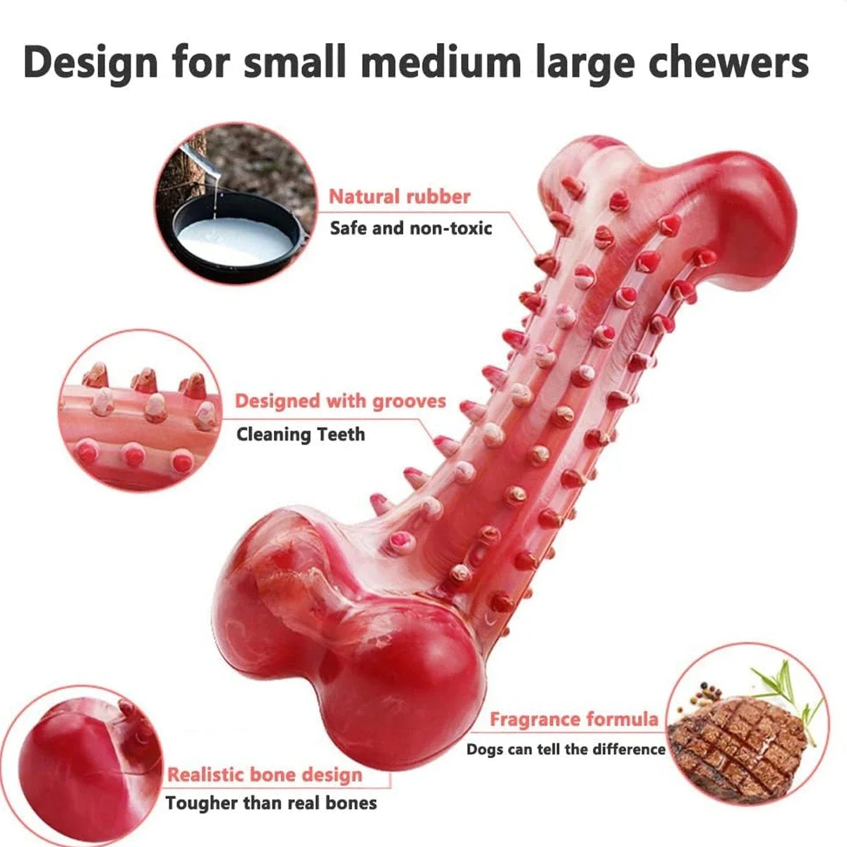 Red bone-shaped natural rubber dog chew toy with meat flavor, durable for teething and aggressive chewers benefits