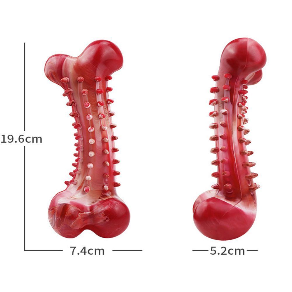 Red bone-shaped natural rubber dog chew toy with meat flavor, durable for teething and aggressive chewers dimensions
