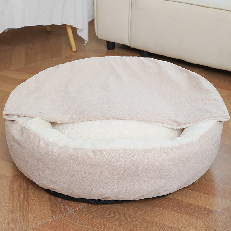 Small dog peacefully sleeping in orthopedic dog bed, warm and cozy winter pet bed, waterproof and stain resistant beige variant