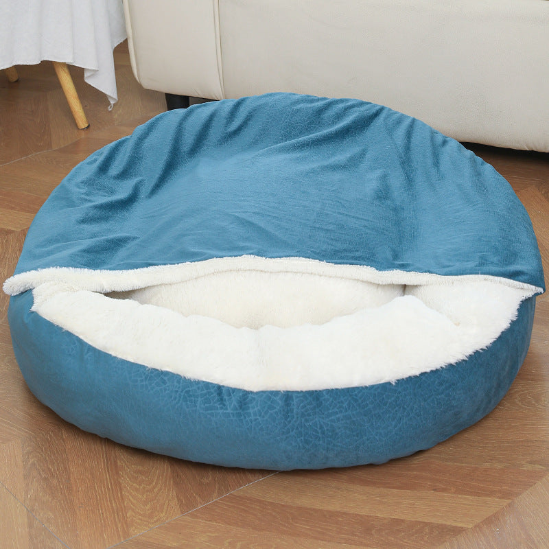 Small dog peacefully sleeping in orthopedic dog bed, warm and cozy winter pet bed, waterproof and stain resistant blue variant