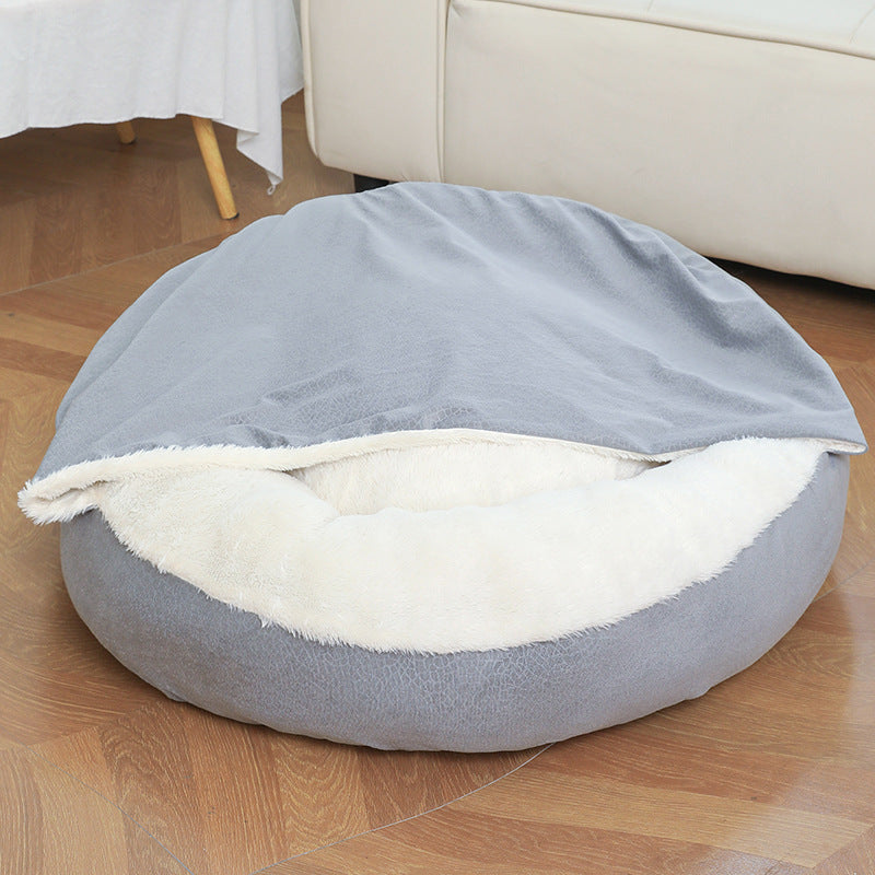 Small dog peacefully sleeping in orthopedic dog bed, warm and cozy winter pet bed, waterproof and stain resistant gray variant