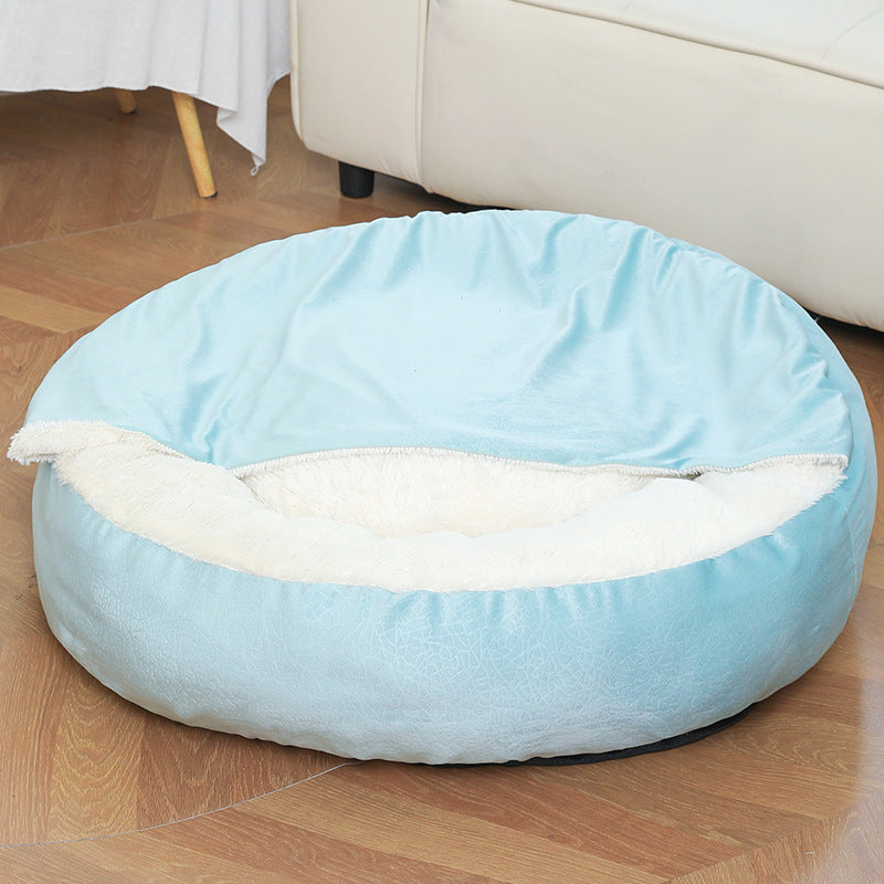 Small dog peacefully sleeping in orthopedic hooded dog bed, warm and cozy winter pet bed, waterproof and stain resistant green variant