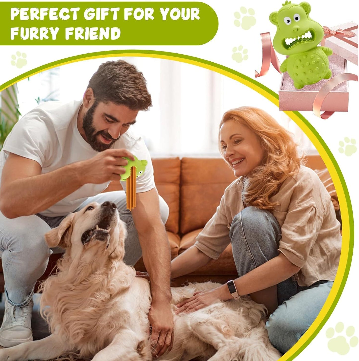 A couple giving their dog the perfect gift, a Best Dog Chew Toy for aggressive chewers, promoting fun and bonding between pets and owners.