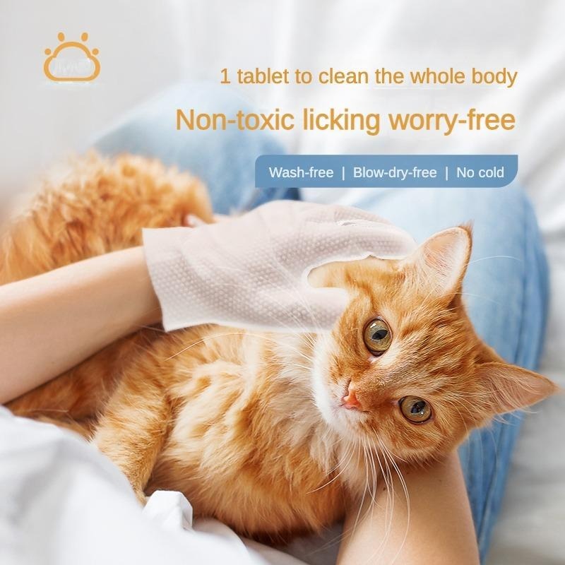Person cleaning a cat with Pet Cleaning Glove Wipes – Hypoallergenic and coconut oil formula for sensitive pet skin