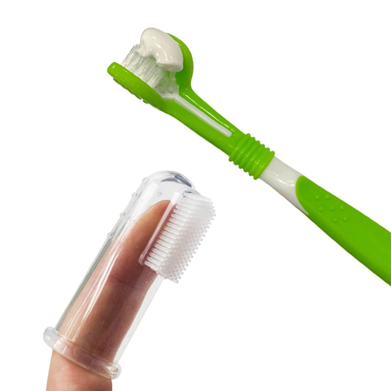 Pet dental care kit with toothbrushes and silicone finger brushes, designed for dogs and cats, displayed clearly for easy at-home oral hygiene close up.
